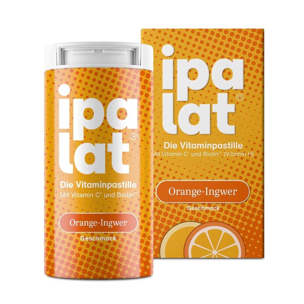 Zwei ipalat®-Verpackungen. Eine Dose und eine Schachtel. Orange-Ingwer Geschmack. Vitaminpastille.