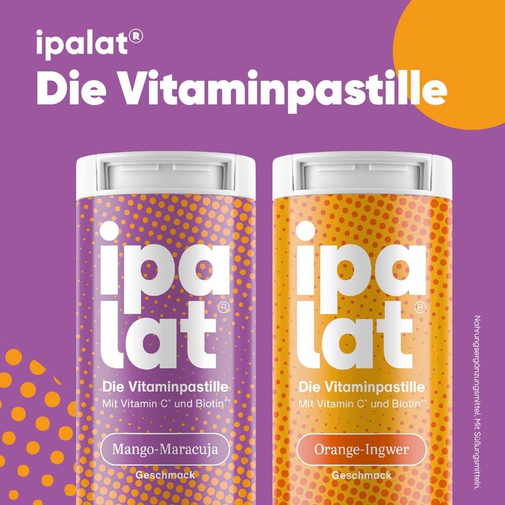 Zwei ipalat®-Dosen. Mango-Maracuja und Orange-Ingwer. Vitaminpastille. Lila und orangefarbener Hintergrund.