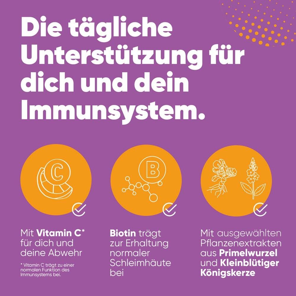 Grafik mit Icons und Text. Vitamin C, Biotin und Pflanzenextrakte. Lila Hintergrund.