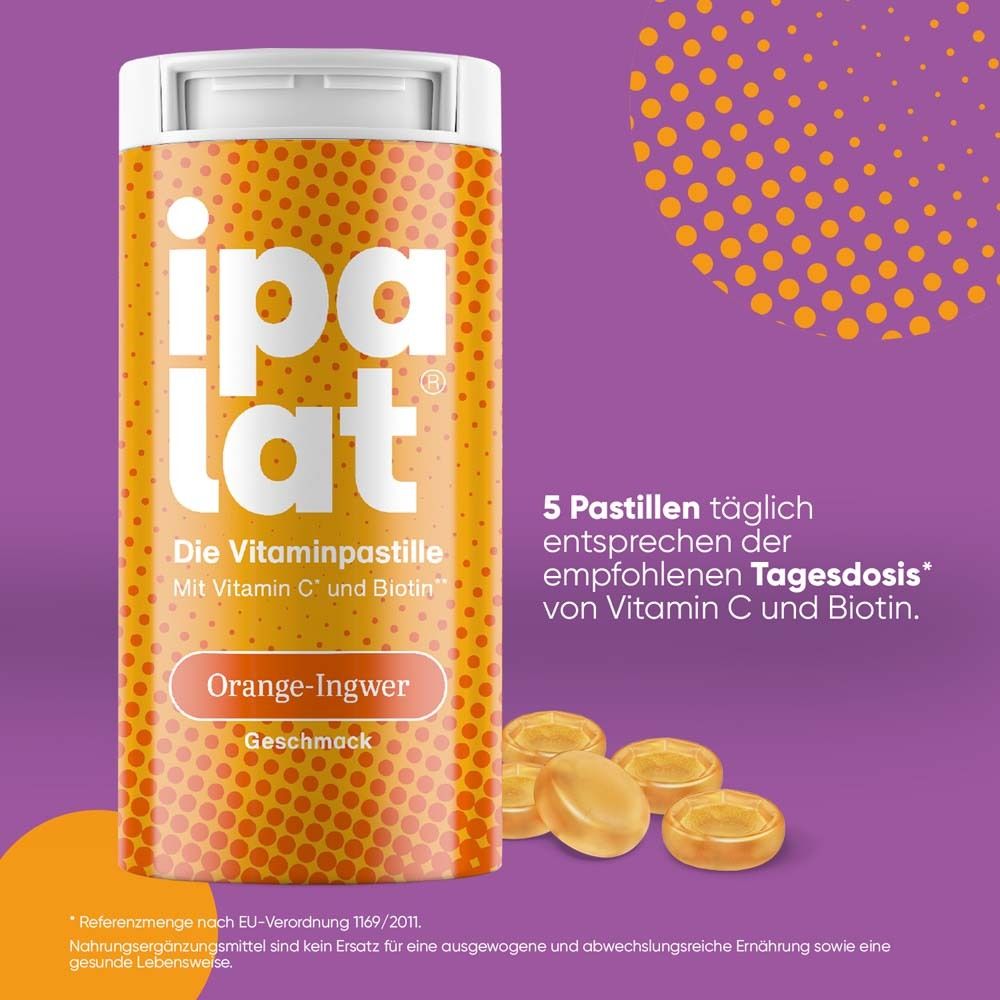 ipalat®-Dose und Pastillen. Orange-Ingwer Geschmack. 5 Pastillen entsprechen der Tagesdosis. Lila Hintergrund.
