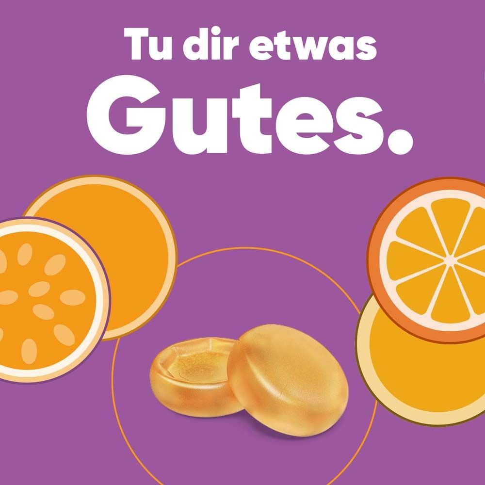 ipalat®-Dose. Orange-Ingwer Geschmack. Vitaminpastille. Weißer Deckel, orangefarbener Hintergrund.