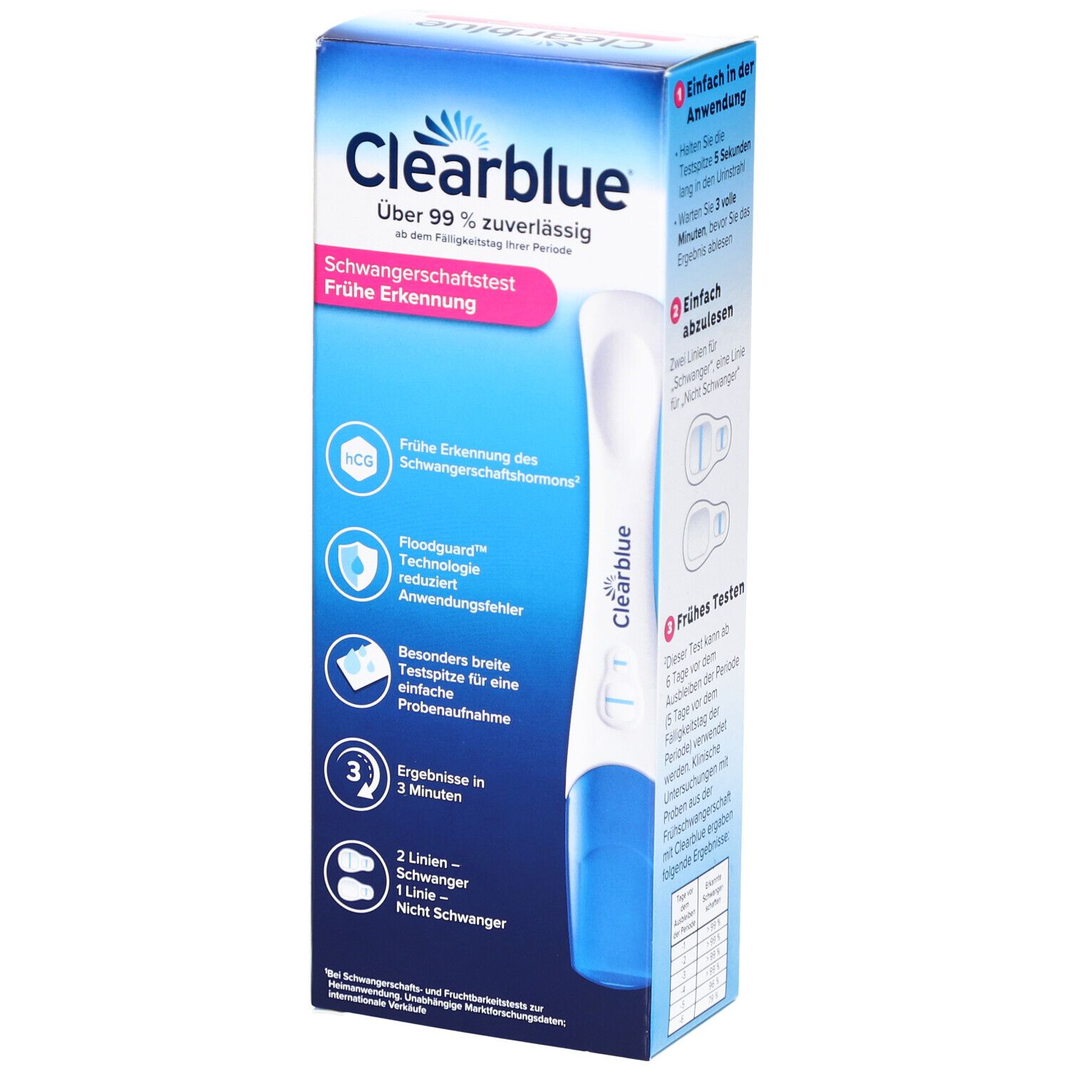 Seite der Clearblue Ultra Frühtest Verpackung. Zeigt Informationen zur frühen Erkennung und Testergebnissen.