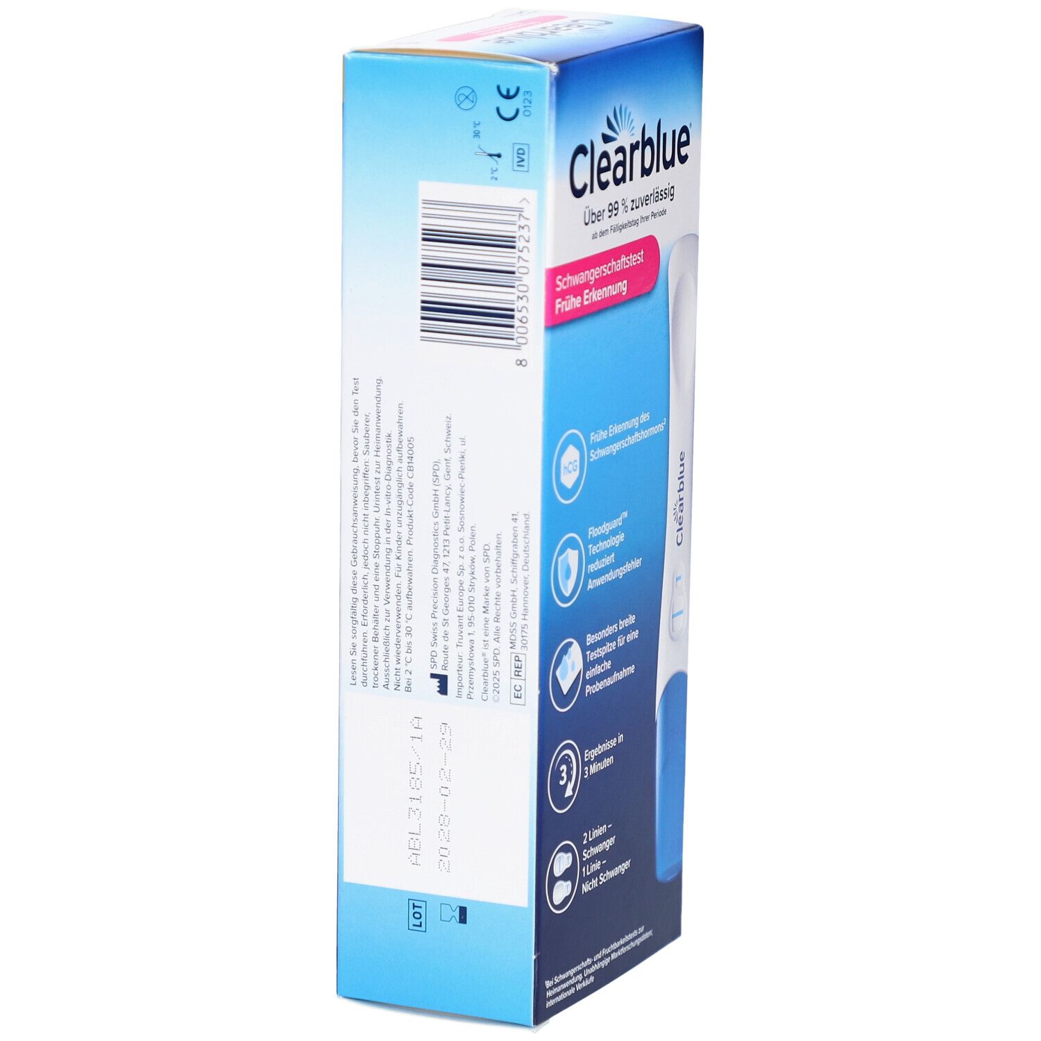 Seite der Clearblue Ultra Frühtest Verpackung. Zeigt Informationen zur Haltbarkeit und Chargennummer.