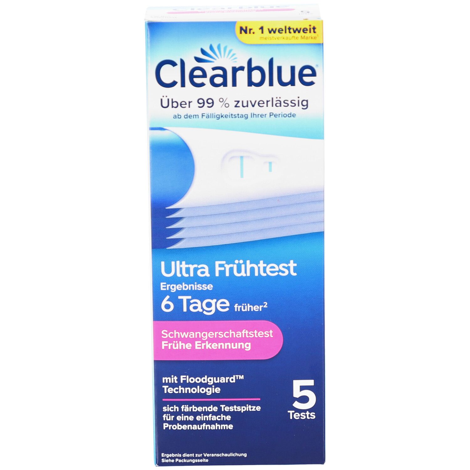 Vorderseite der Clearblue Ultra Frühtest Verpackung. Enthält 5 Tests. Text: Ergebnisse 6 Tage früher, Schwangerschaftstest.