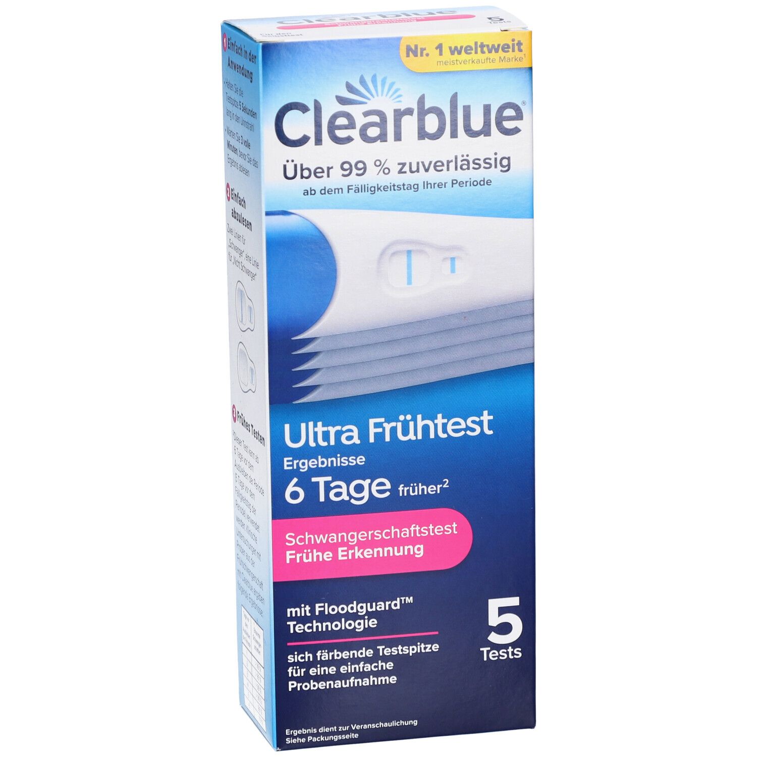 Vorderseite der Clearblue Ultra Frühtest Verpackung. Enthält 5 Tests. Text: Ergebnisse 6 Tage früher, Schwangerschaftstest.