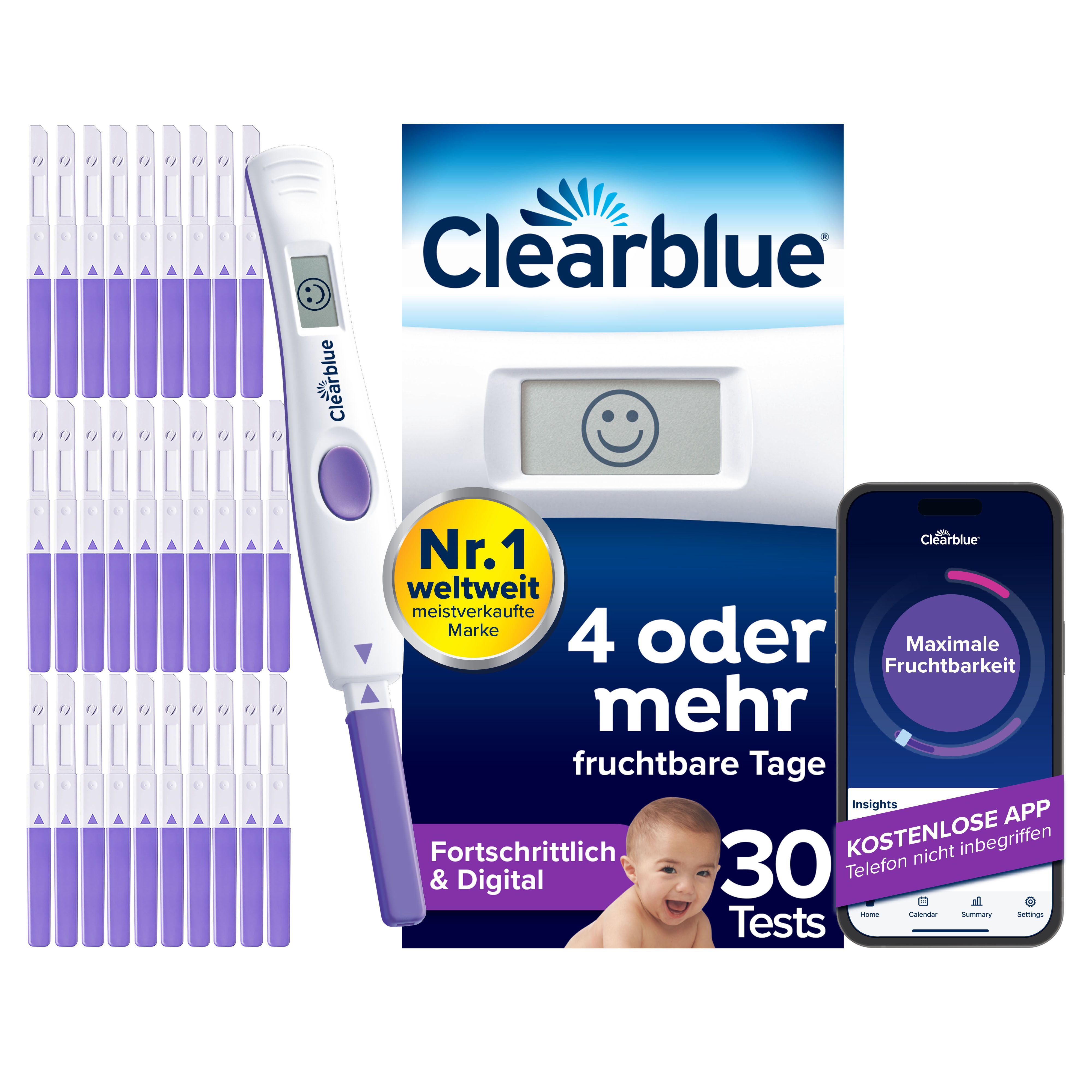Packung mit Ovulationstests und digitalem Testgerät. Enthält 30 Tests und eine App. Aufschrift: Clearblue, Nr. 1 weltweit.