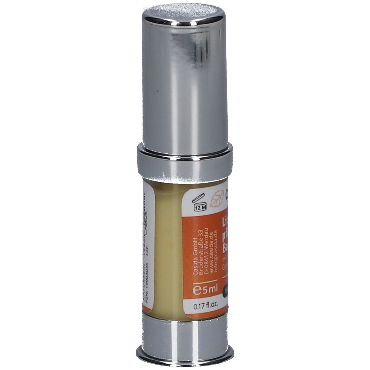 Lippenpflege Balsam mit Manuka Honig & Gelee Royal. Zylinderförmige Verpackung, silberfarben mit orangefarbenem Etikett.