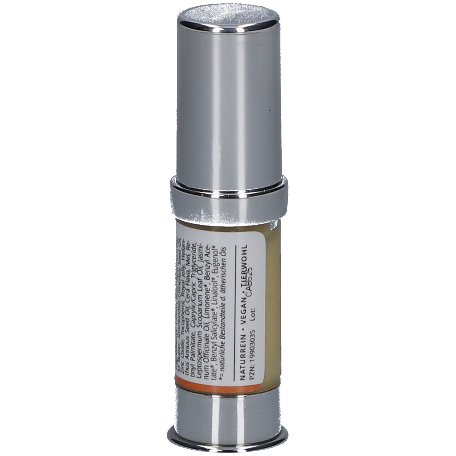Lippenpflege Balsam mit Manuka Honig & Gelee Royal. Zylinderförmige Verpackung, silberfarben mit orangefarbenem Etikett.