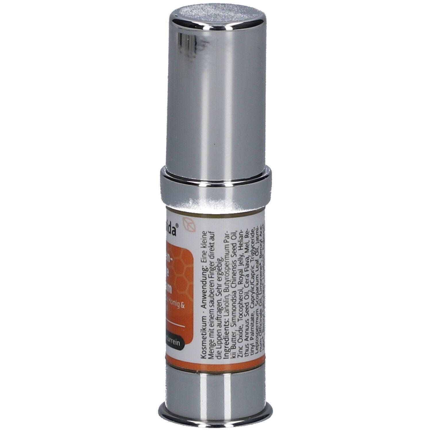 Lippenpflege Balsam mit Manuka Honig & Gelee Royal. Zylinderförmige Verpackung, silberfarben mit orangefarbenem Etikett.