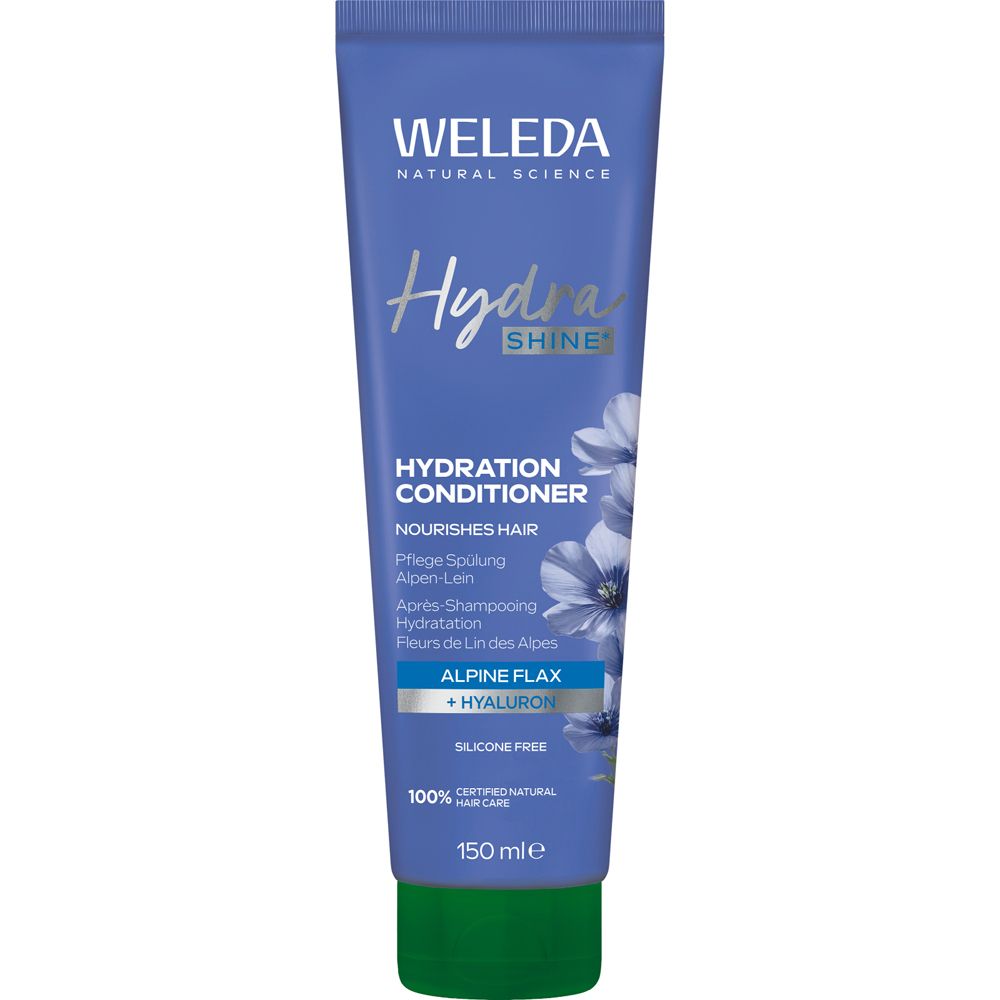 Blau-weiße Tube mit Produktnamen und Inhaltsangaben. Marke Weleda, Produkt Hydra Shine, mit Alpen-Lein und Hyaluron. 150 ml.