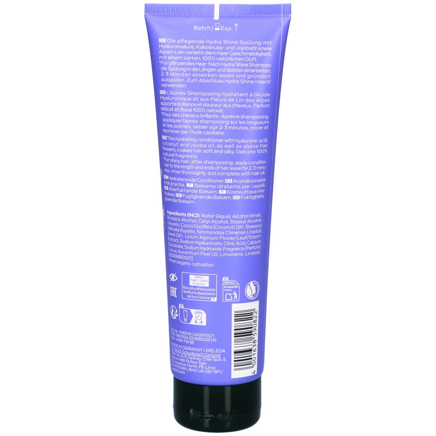 Rückseite der Weleda HydraShine Pflegespülung Alpen-Lein Tube. Enthält Text und Inhaltsstoffe. Lila Hintergrund mit schwarzem Verschluss.