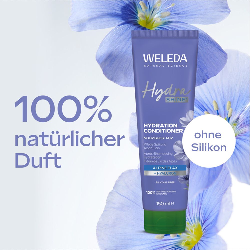 Produkt-Tube vor blauem Hintergrund mit Blüten. Text: 100% natürlicher Duft und ohne Silikon. Marke Weleda, Hydra Shine.