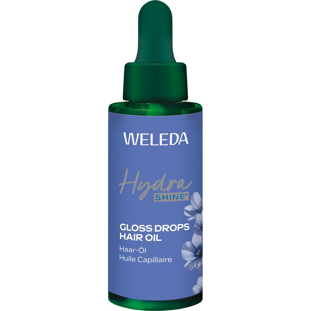 Weleda Hydra Shine Gloss Drops Haar-Öl. Grüne Pipettenflasche. Produktname und Marke auf lila Hintergrund.