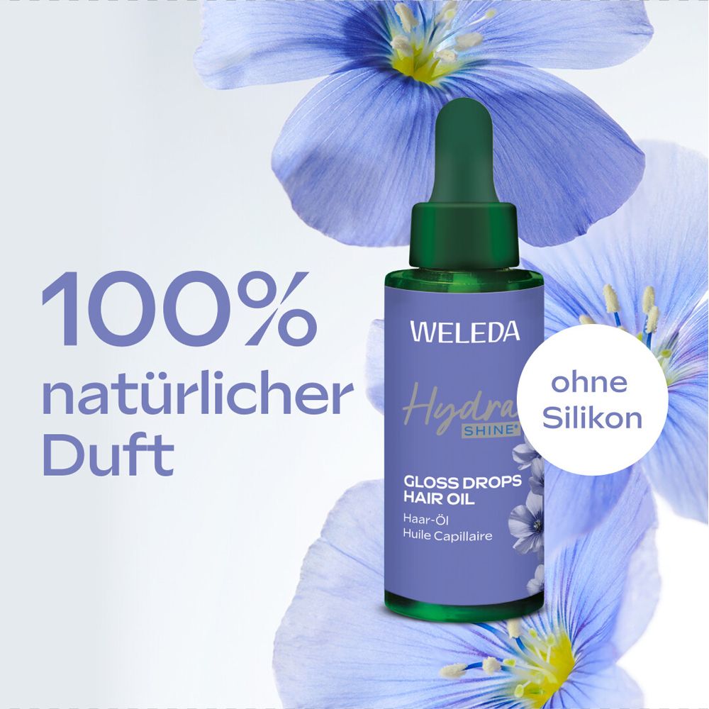 Weleda Hydra Shine Haar-Öl. Lila Hintergrund mit Blüten. Ohne Silikon-Hinweis. 100% natürliche Duftstoffe.