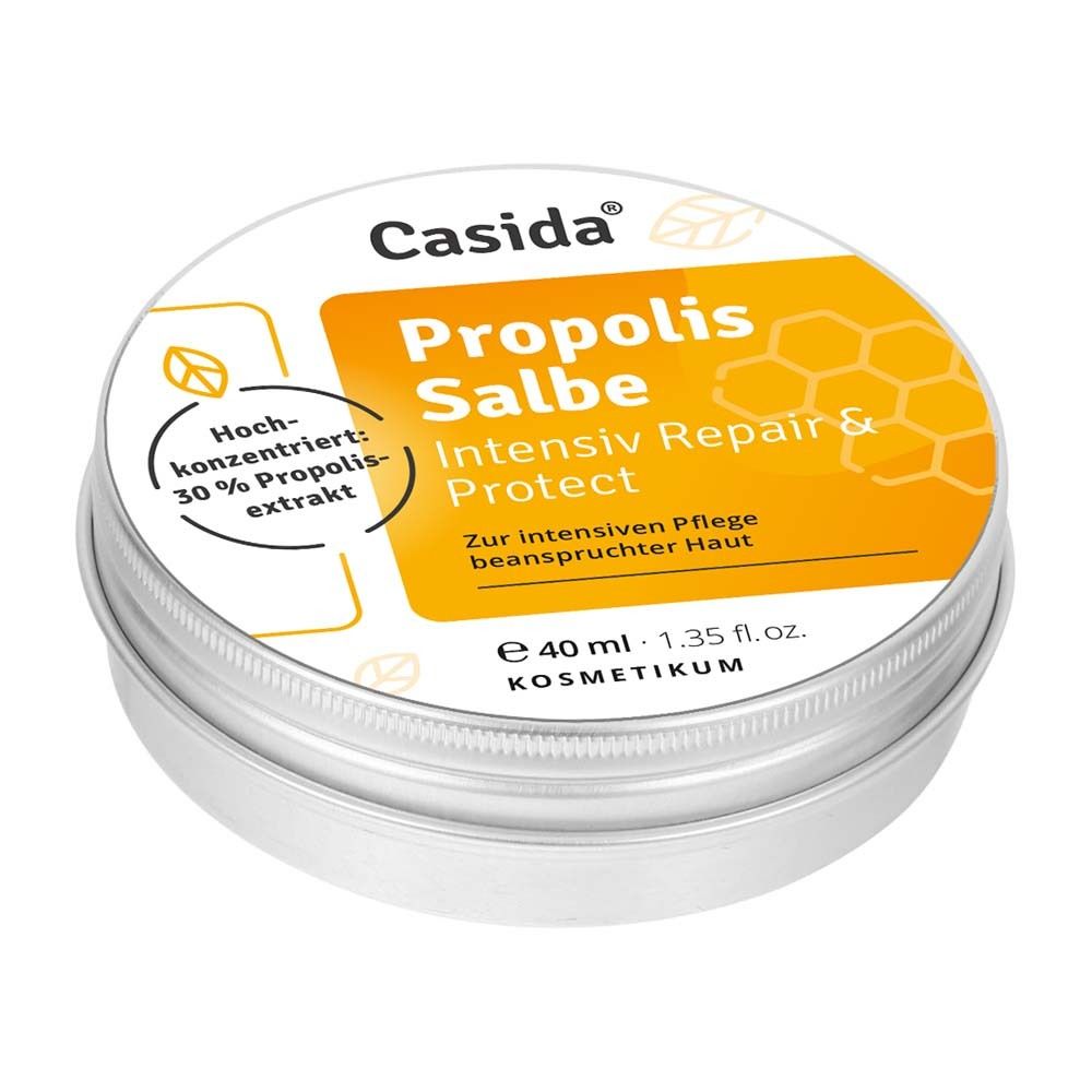 Runde Dose mit Casida Propolis Salbe. Aufschrift: Propolis Salbe Intensiv Repair & Protect. 30% Propolis-Extrakt.