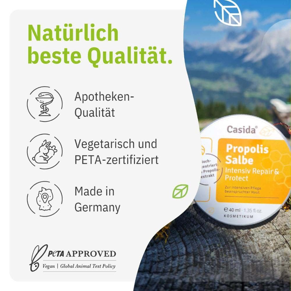 Casida Propolis Salbe. Logos: Apotheken-Qualität, Vegetarisch und PETA-zertifiziert, Made in Germany. PETA Approved Vegan Logo.