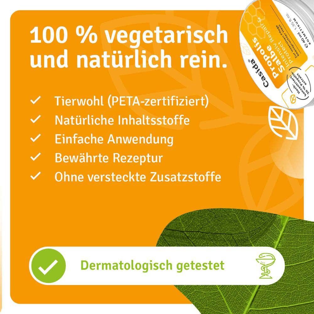 Casida Propolis Salbe. Logos: Tierwohl (PETA-zertifiziert), Natürliche Inhaltsstoffe, Einfache Anwendung, Bewährte Rezeptur, Ohne versteckte Zusätze.