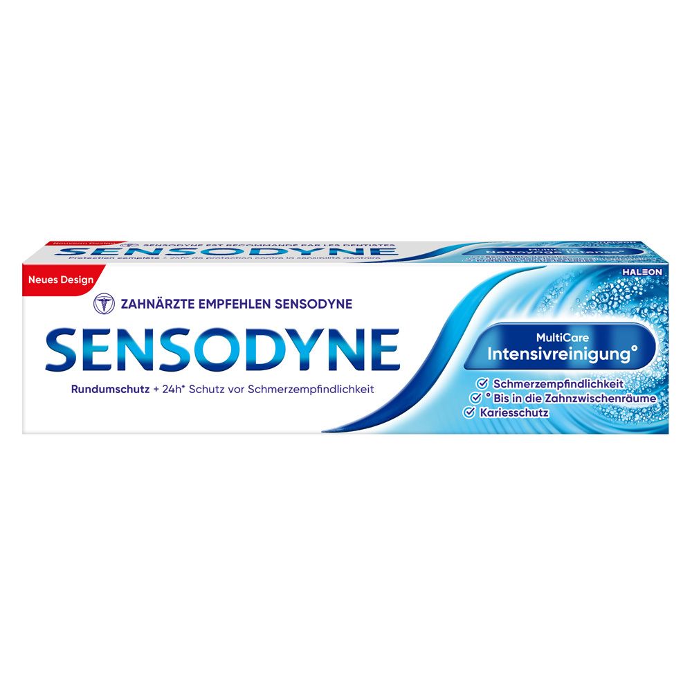 Zahnpasta-Tube und -Verpackung. Marke Sensodyne, MultiCare Intensivreinigung. Blaue und weiße Farben.