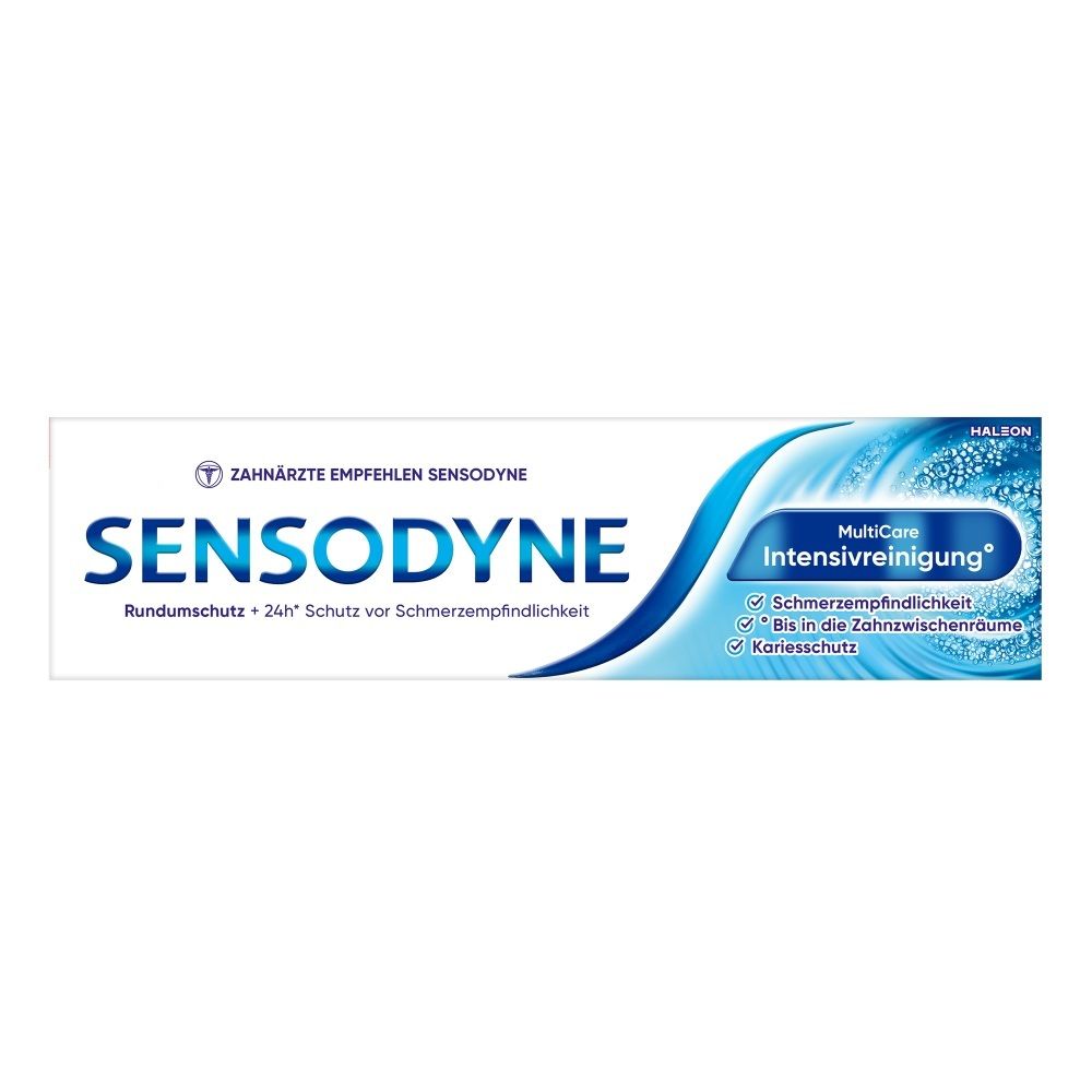 Sensodyne Intensivreinigung Zahnpasta-Tube mit Informationen zu Rundumschutz und Kariesschutz.