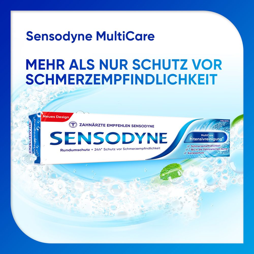 Verpackung von Sensodyne MultiCare. Text: Mehr als nur Schutz vor Schmerzempfindlichkeit.