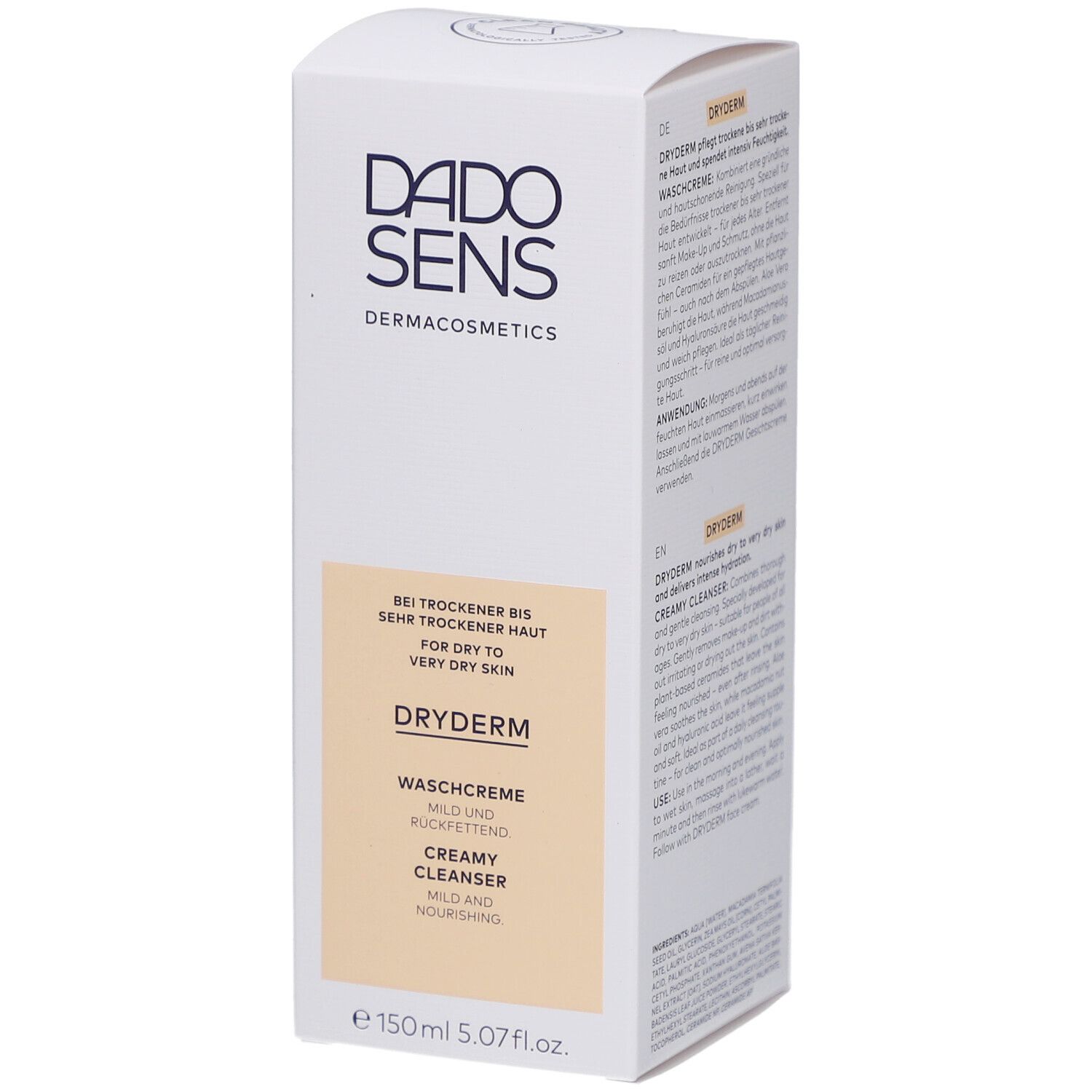 Weißer Karton mit DADOSENS-Logo und DRYDERM-Waschcreme-Aufdruck. Text: Für trockene bis sehr trockene Haut. 150ml.