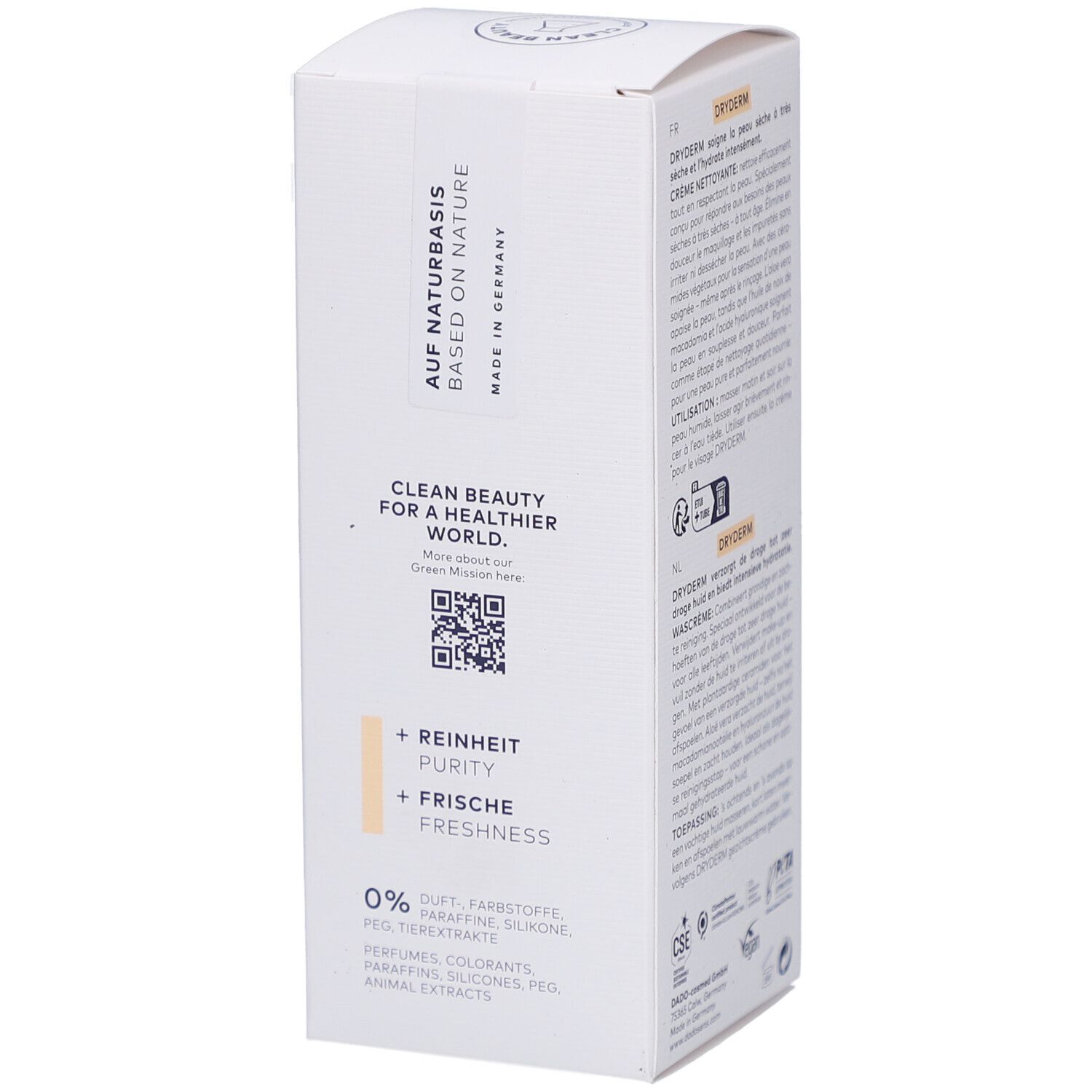 Weiße Verpackung mit Aufschrift: Auf Naturbasis. QR-Code und Text: Clean Beauty für eine gesündere Welt.