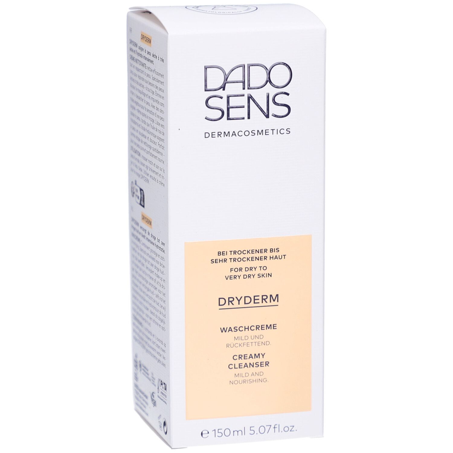 Weiße Verpackung mit DADOSENS-Logo und DRYDERM-Waschcreme-Aufdruck. Text: Für trockene bis sehr trockene Haut. 150ml.