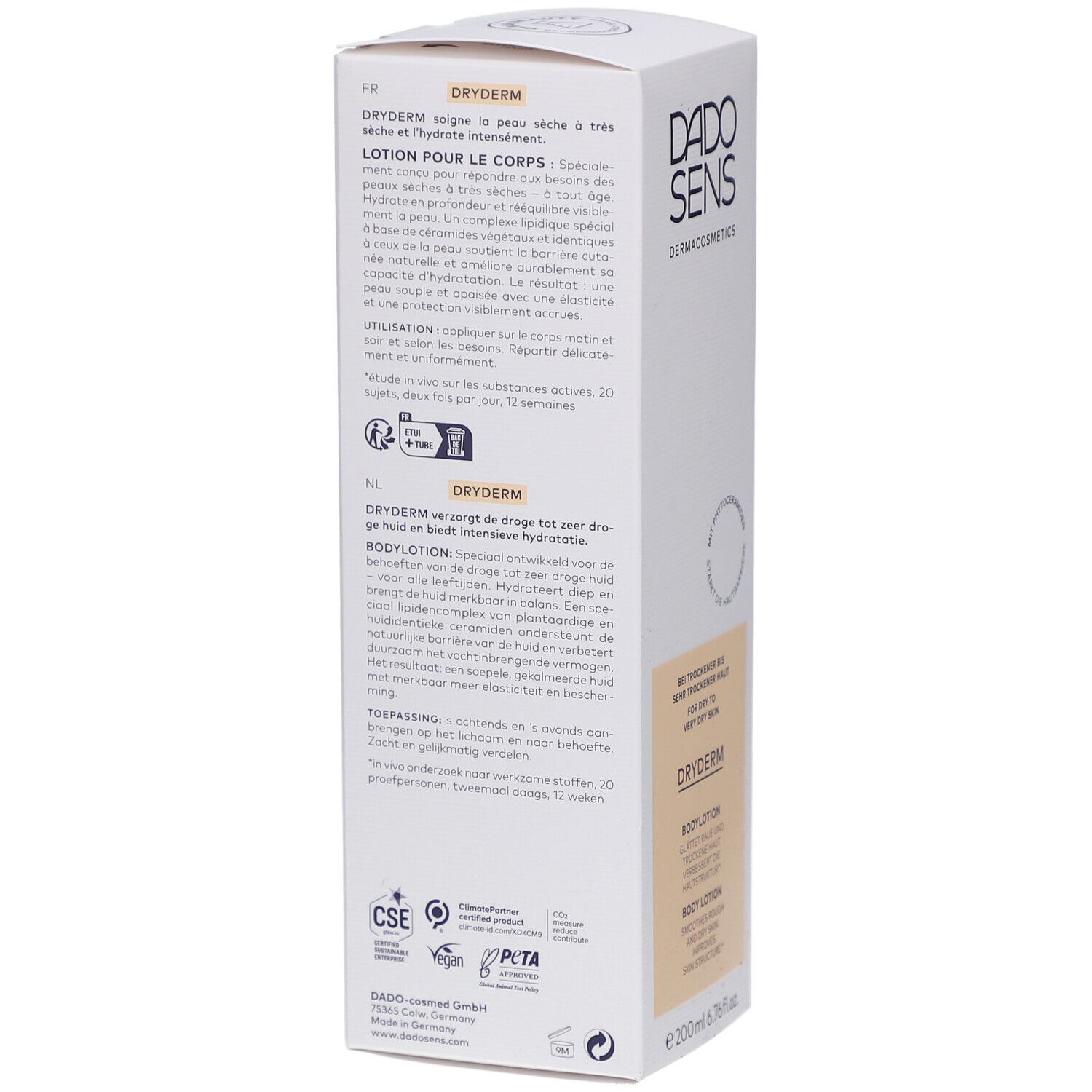 Rückseite der DADOSENS DRYDERM Bodylotion-Verpackung. Text in mehreren Sprachen. Logos von Zertifizierungen.