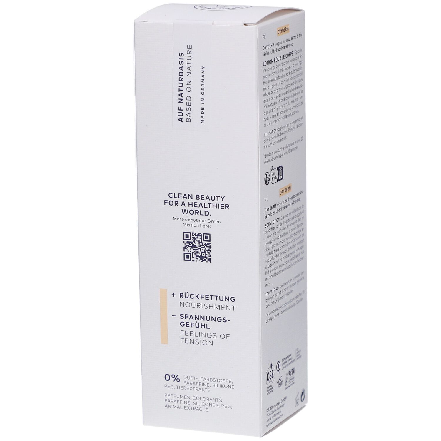 Seite der DADOSENS DRYDERM Bodylotion-Verpackung. Text: Clean Beauty for a Healthier World. QR-Code.