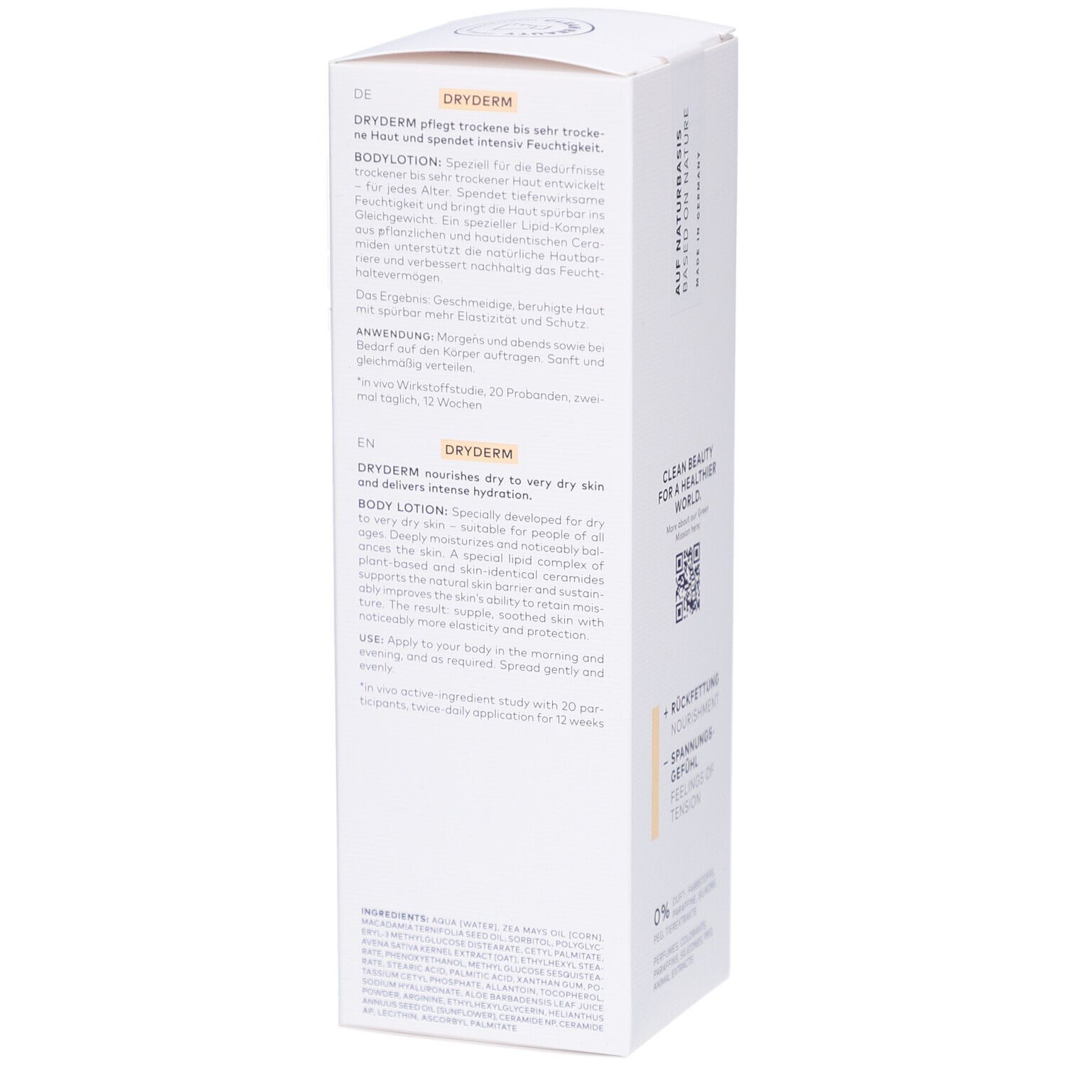 Seite der DADOSENS DRYDERM Bodylotion-Verpackung. Text in mehreren Sprachen. Produktinformationen.