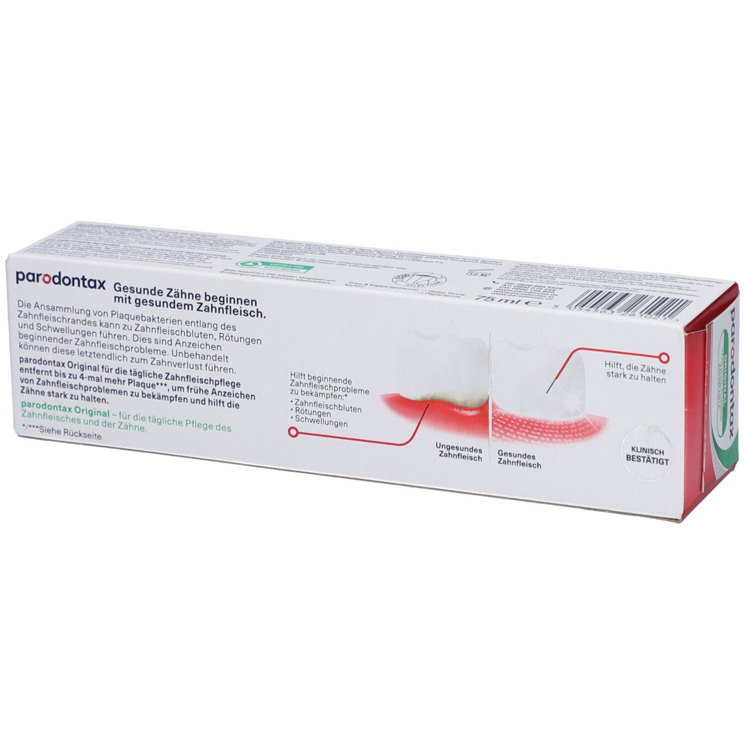 Rückseite der Zahnpasta-Verpackung mit Text und grafischer Darstellung von Zähnen und Zahnfleisch.