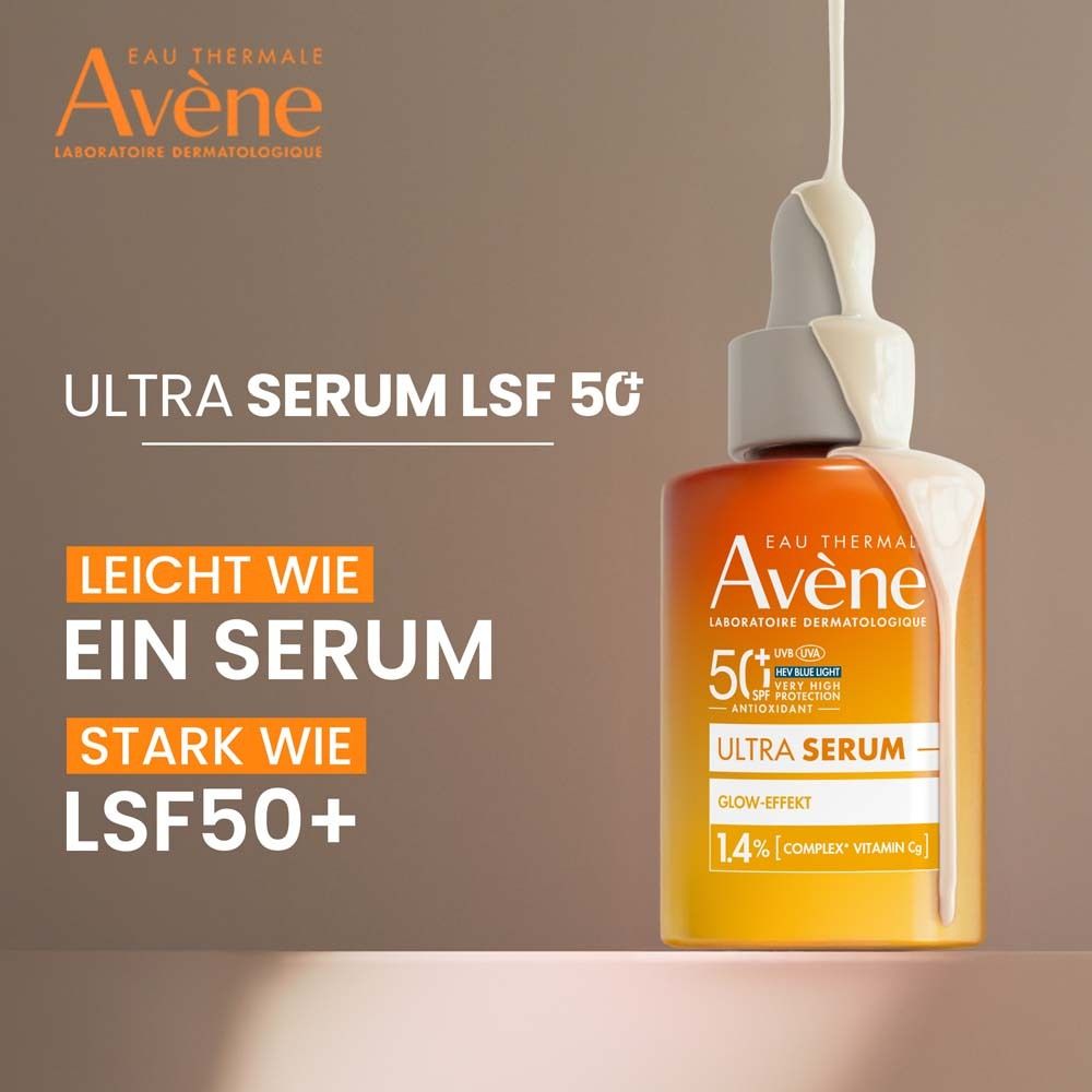 Avene Ultra Serum SPF 50+ Flasche mit Serum. Text: Ultra Serum LSF 50, Leicht wie ein Serum, Stark wie LSF50+.