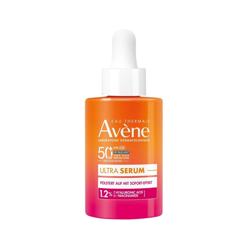 Avene Ultra Serum SPF 50+ Flasche mit Pipette. Orange-pinkfarbenes Design. Text: Ultra Serum, 50+, 1.2% Hyaluronsäure + Niacinamid.