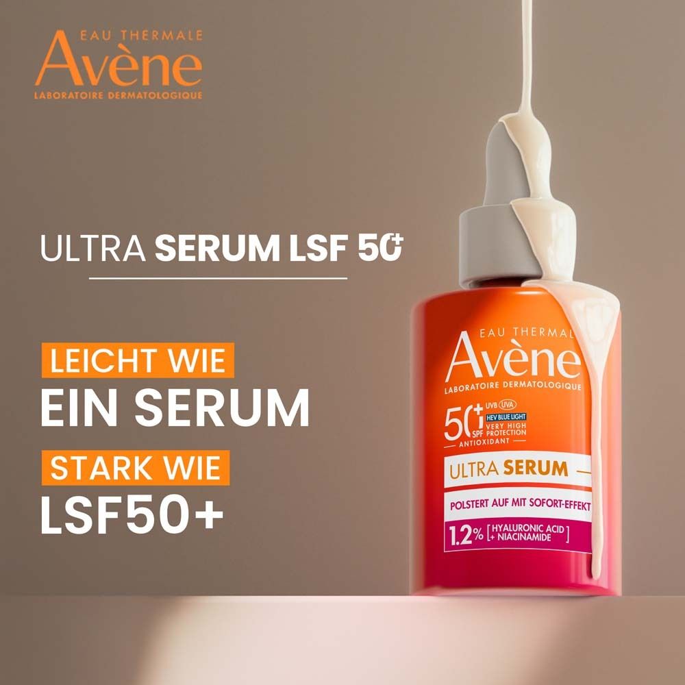 Avene Ultra Serum SPF 50+ Flasche mit Serum. Text: Ultra Serum LSF 50. Leicht wie ein Serum, stark wie LSF50+.
