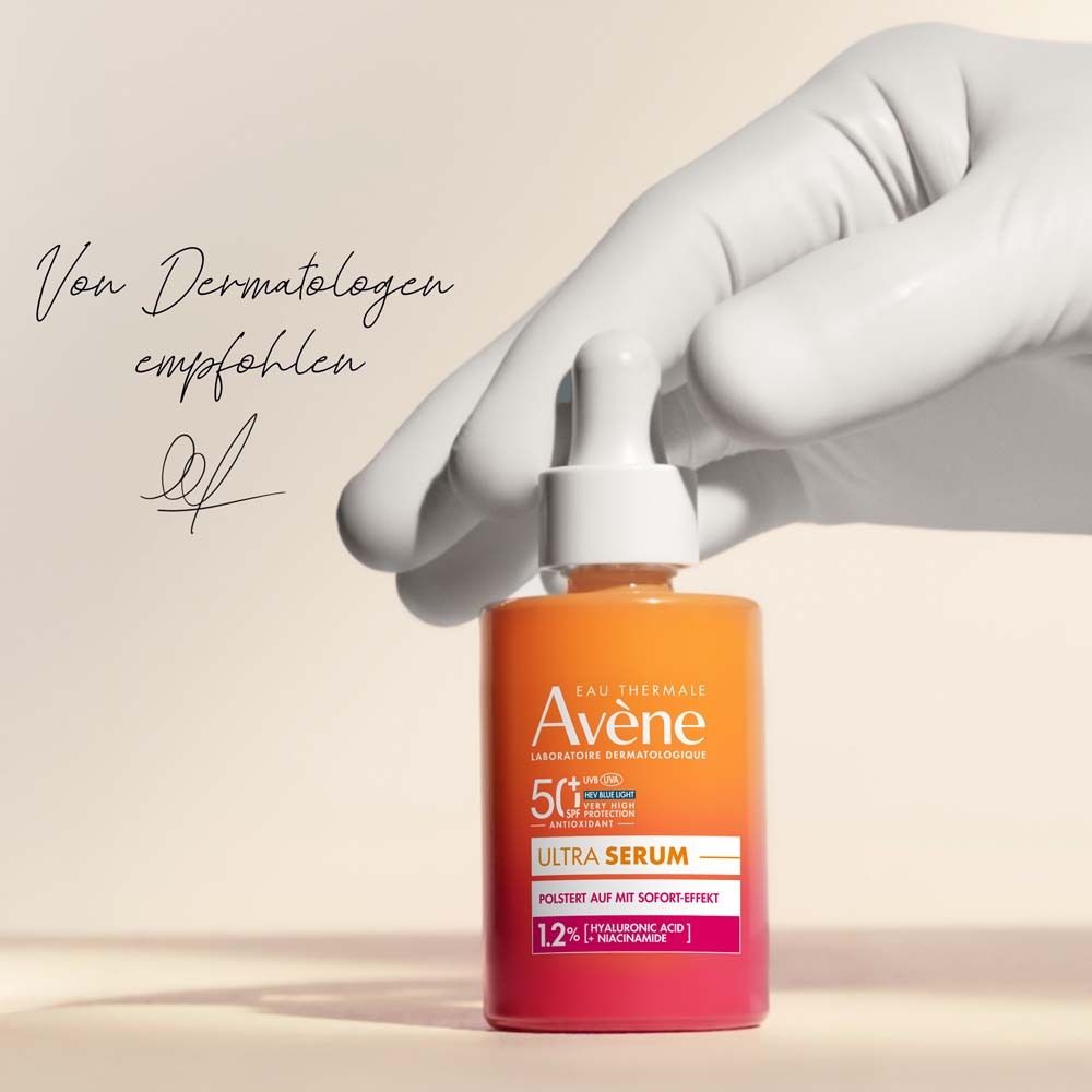 Avene Ultra Serum SPF 50+ Flasche. Text: Von Dermatologen empfohlen.