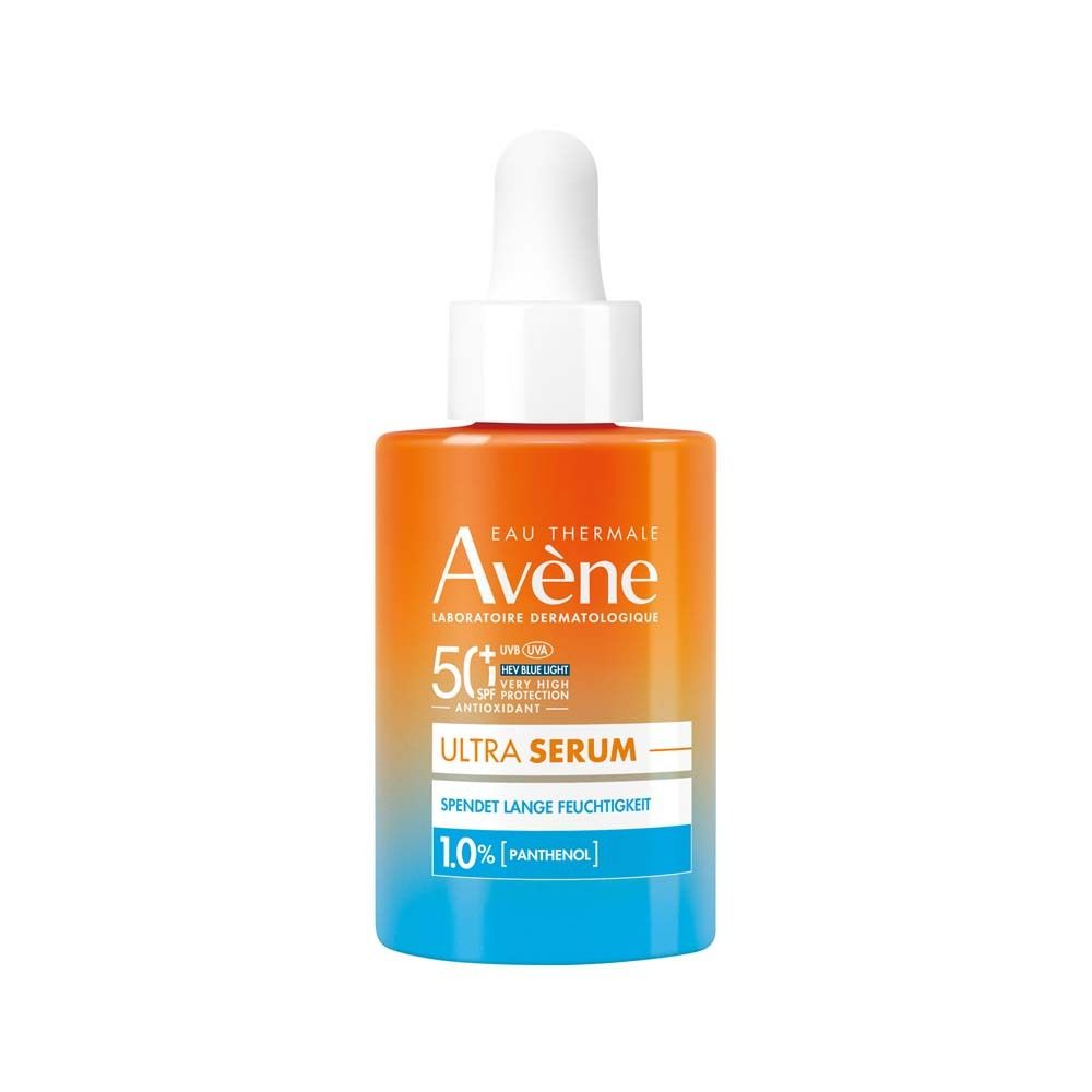 Avène Ultra Serum LSF 50+ Flasche. Orange-blau Farbverlauf. Mit Tropfer. Text: Ultra Serum, 1.0% Panthenol.