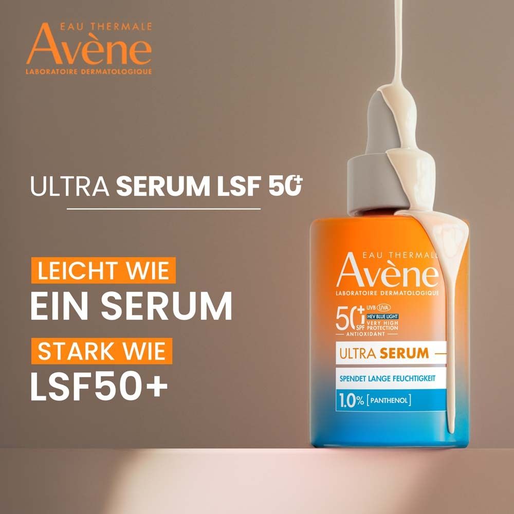 Avène Ultra Serum LSF 50+ Flasche mit Tropfen. Text: Ultra Serum, leicht wie Serum, stark wie LSF50+.
