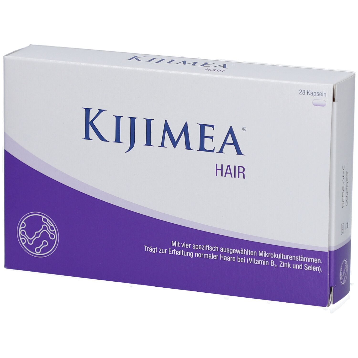 Weiße Schachtel mit lila Akzent. Aufschrift: KIJIMEA HAIR. Enthält 28 Kapseln. Text unten: Trägt zur Erhaltung normaler Haare bei.
