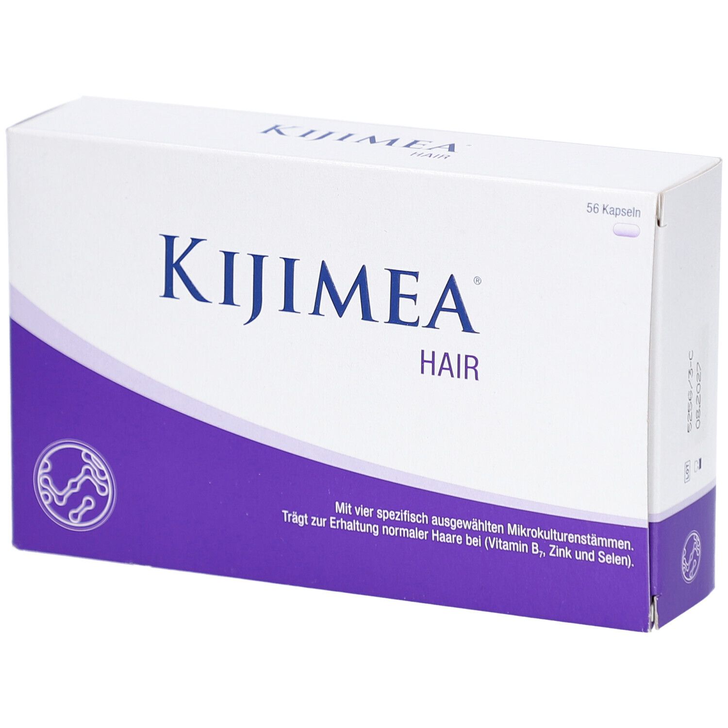 Weiße Schachtel mit lila Akzenten. Aufschrift: Kijimea Hair. Enthält 56 Kapseln. Text: Trägt zur Erhaltung normaler Haare bei.