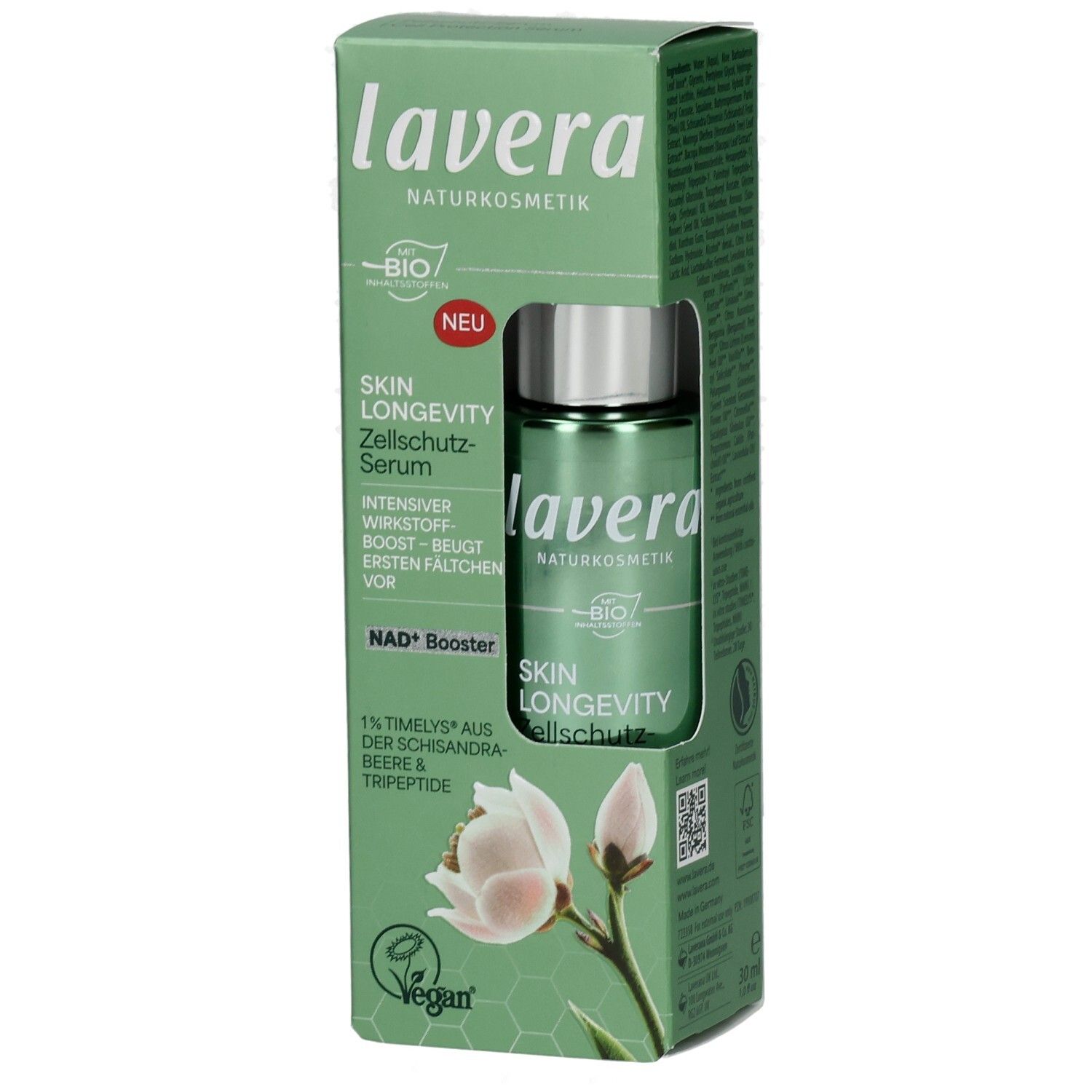 Lavera Skin Longevity Zellschutz-Serum in grüner Verpackung mit Fläschchen.