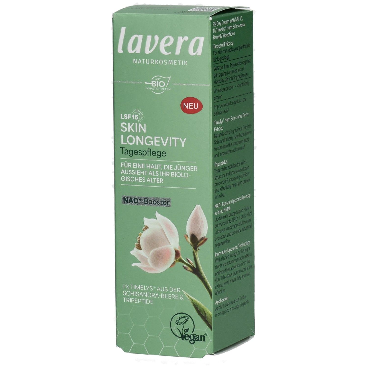 Lavera Skin Longevity Tagespflege mit LSF 15 und NAD+ Booster. Vegane Naturkosmetik in grüner Verpackung mit Blütenmotiv.