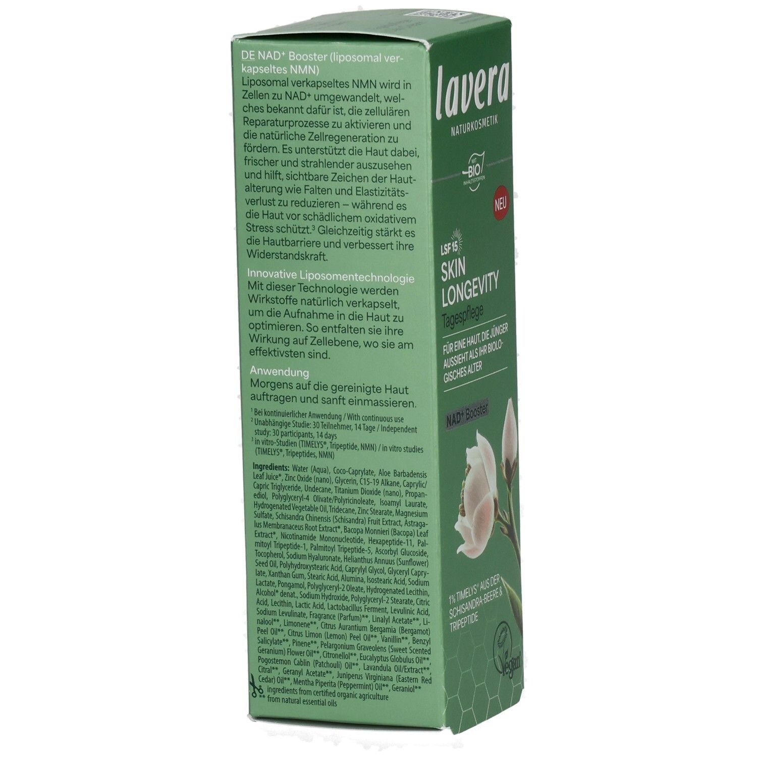 Rückseite der Lavera Skin Longevity Tagespflege Verpackung mit detaillierten Anwendungshinweisen und Inhaltsstoffen.