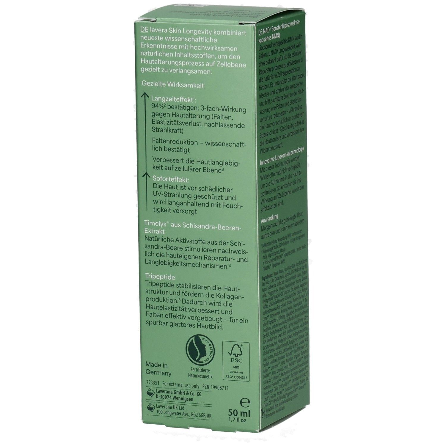 Seitenansicht der Lavera Skin Longevity Tagespflege Verpackung. Enthält Informationen zu Inhaltsstoffen und Siegeln.
