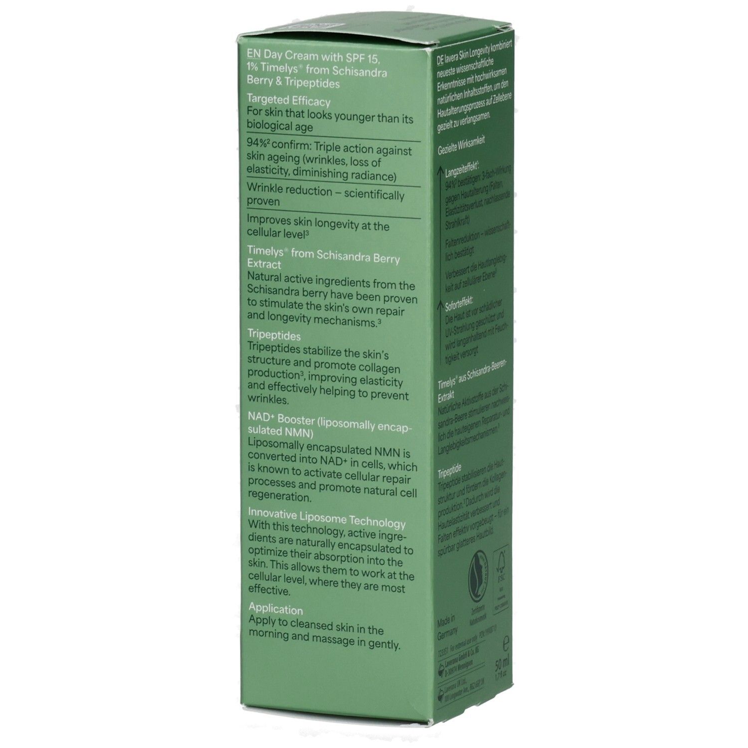 Vorderseite der Lavera Skin Longevity Tagespflege Verpackung mit LSF 15, NAD+ Booster und Hinweisen zur Hautverjüngung.
