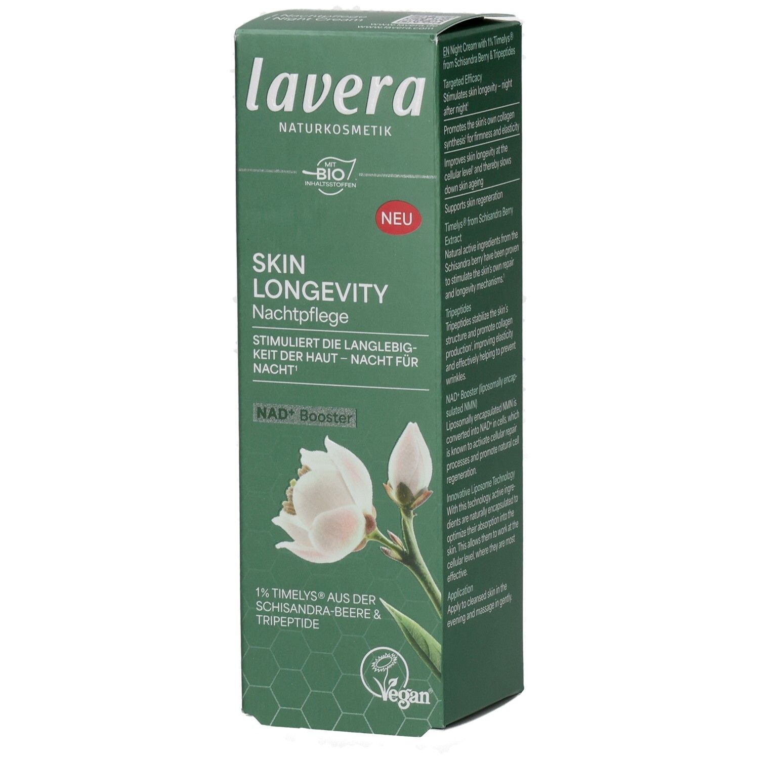 Lavera Skin Longevity Nachtpflege Karton mit Blütenmotiv und Text. Enthält NAD+ Booster.
