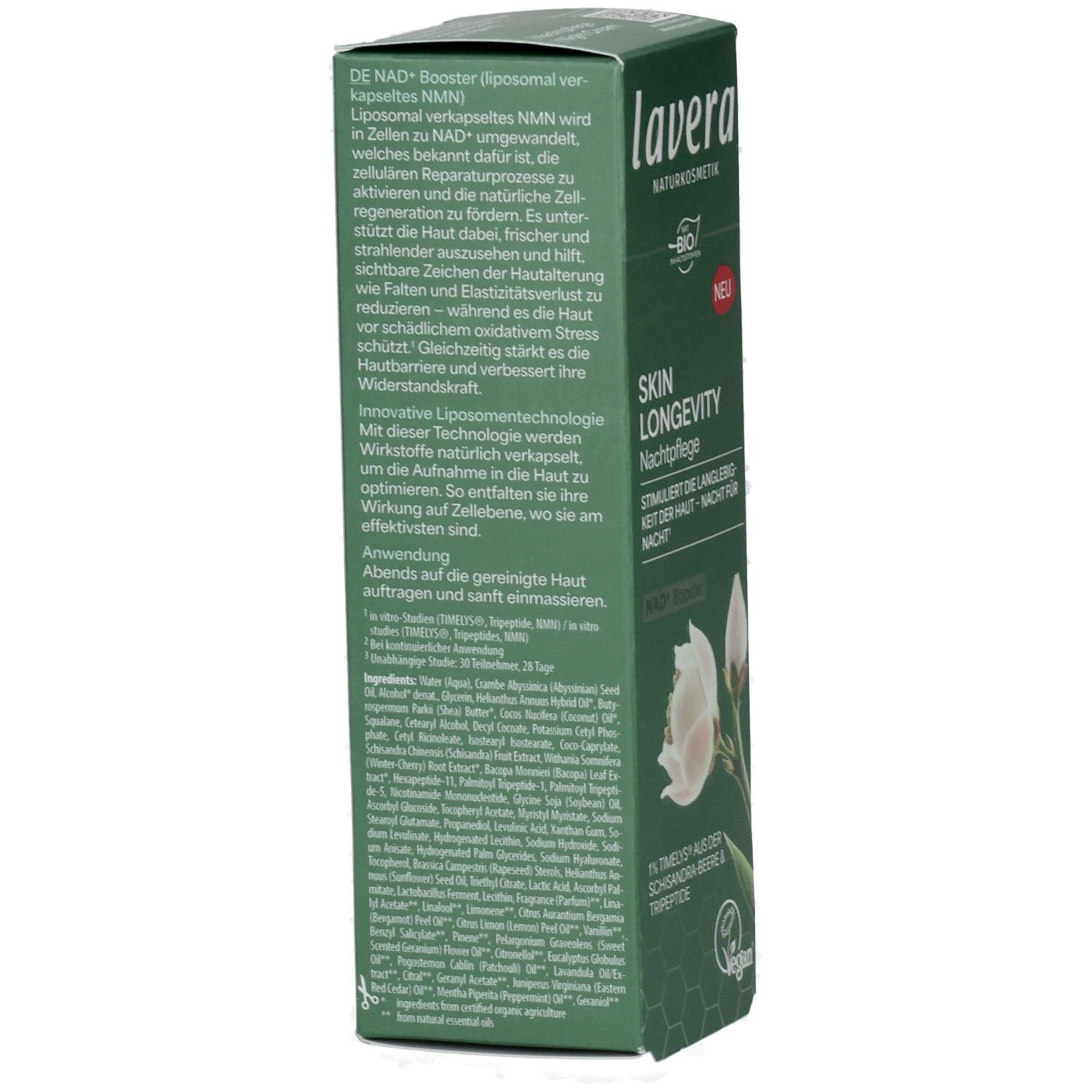 Rückseite der Lavera Skin Longevity Nachtpflege Karton mit detaillierten Produktinformationen und Inhaltsstoffen.