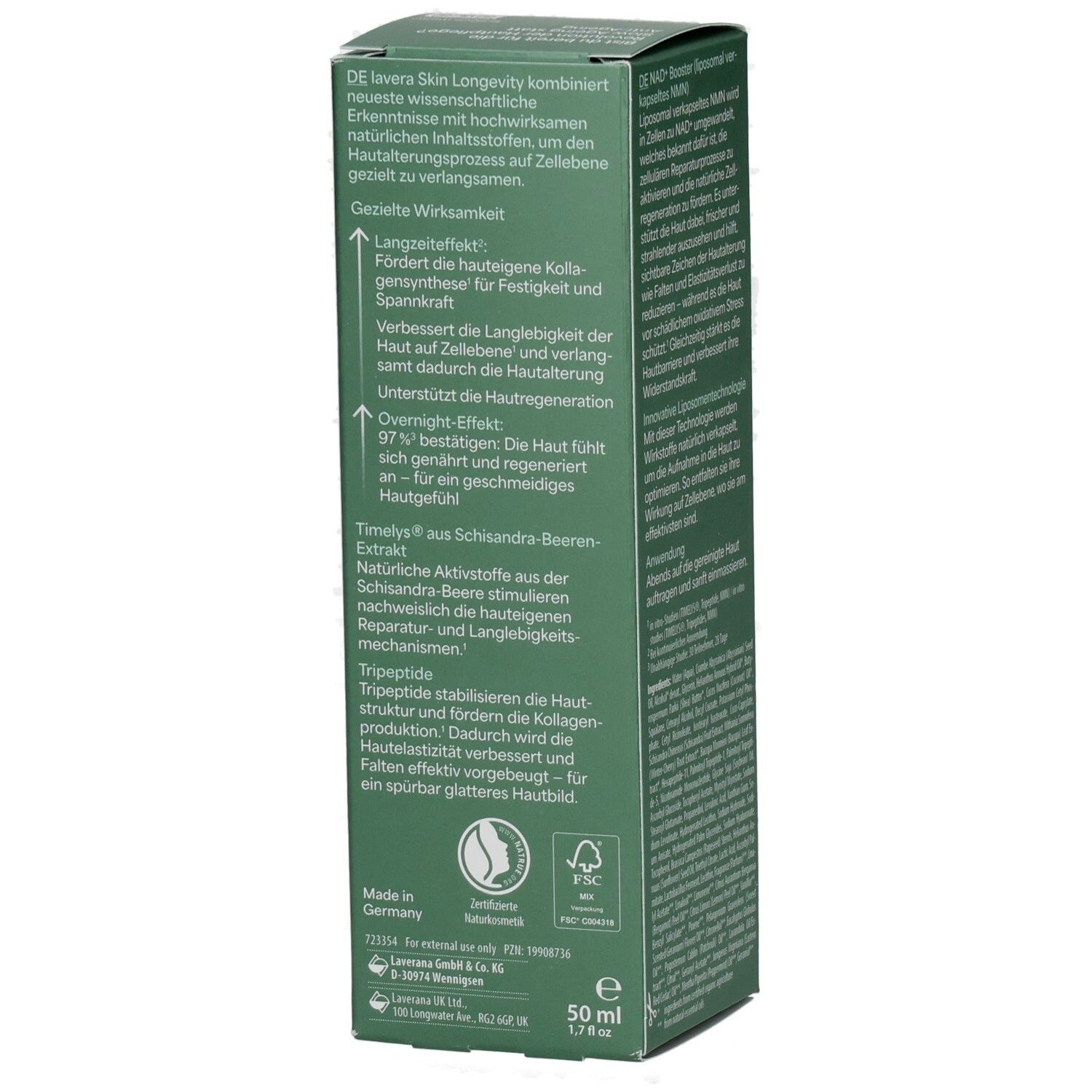 Seitenansicht der Lavera Skin Longevity Nachtpflege Karton mit Produktbeschreibung und Siegeln.