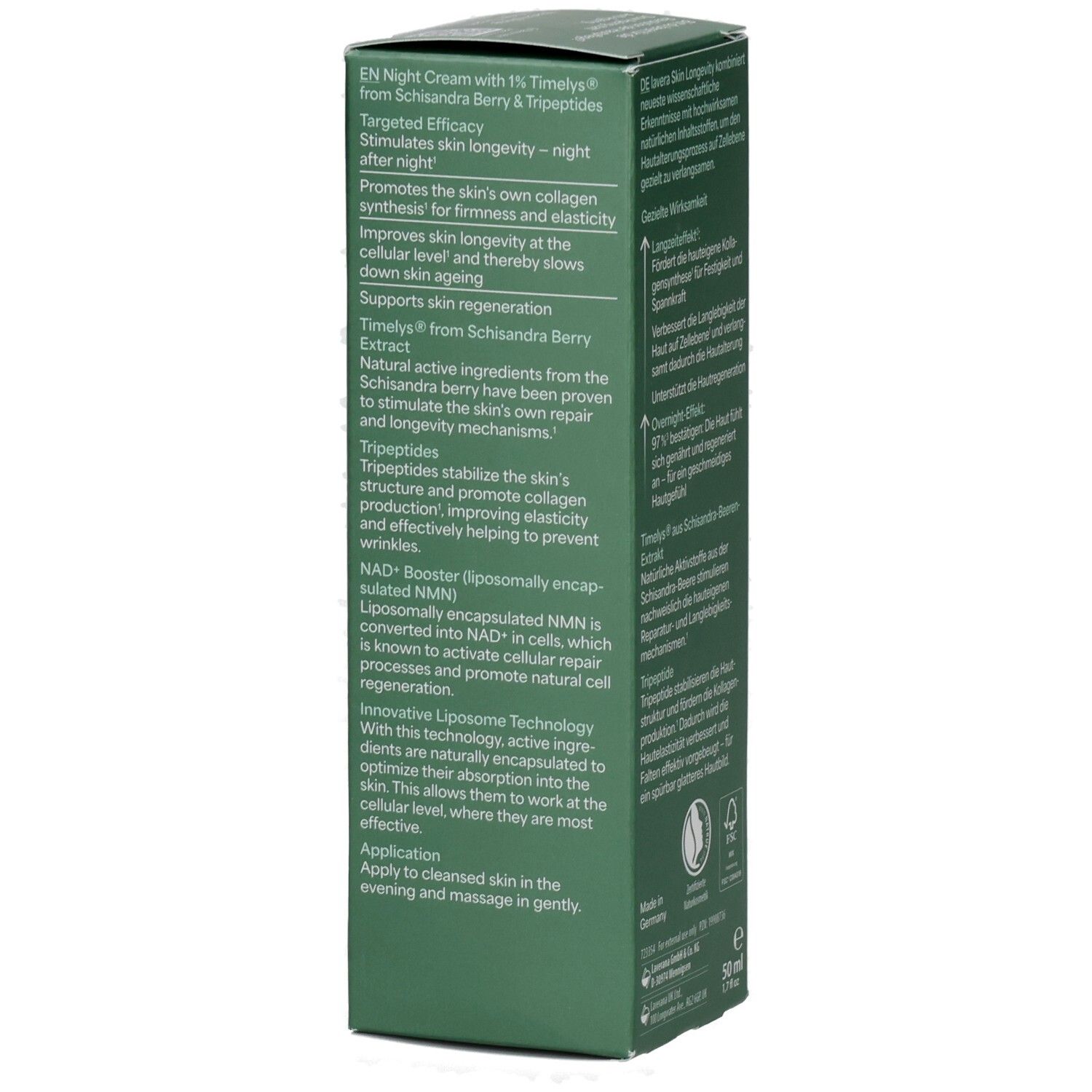Seitenansicht der Lavera Skin Longevity Nachtpflege Karton mit englischer Produktbeschreibung.