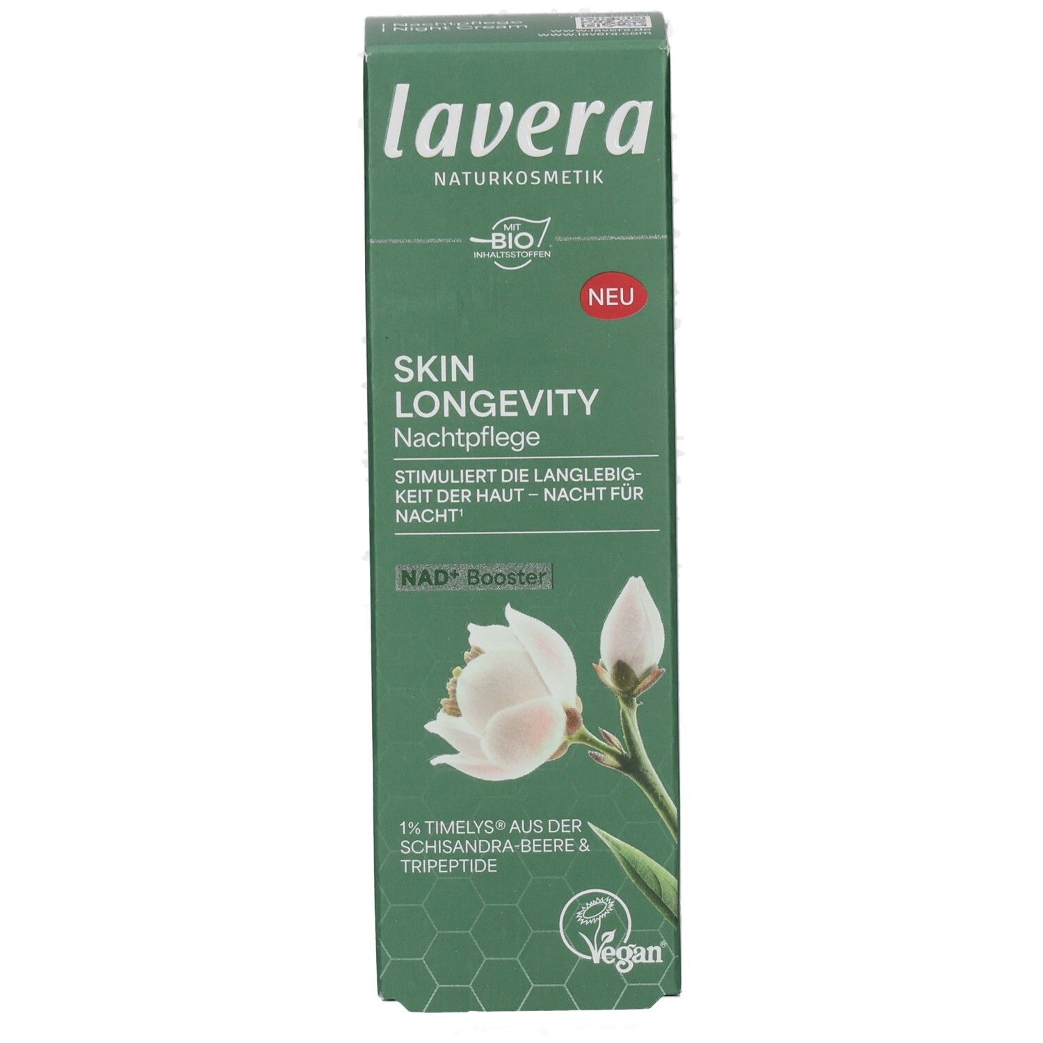 Vorderseite der Lavera Skin Longevity Nachtpflege Karton mit Blütenmotiv und Produktbezeichnung.