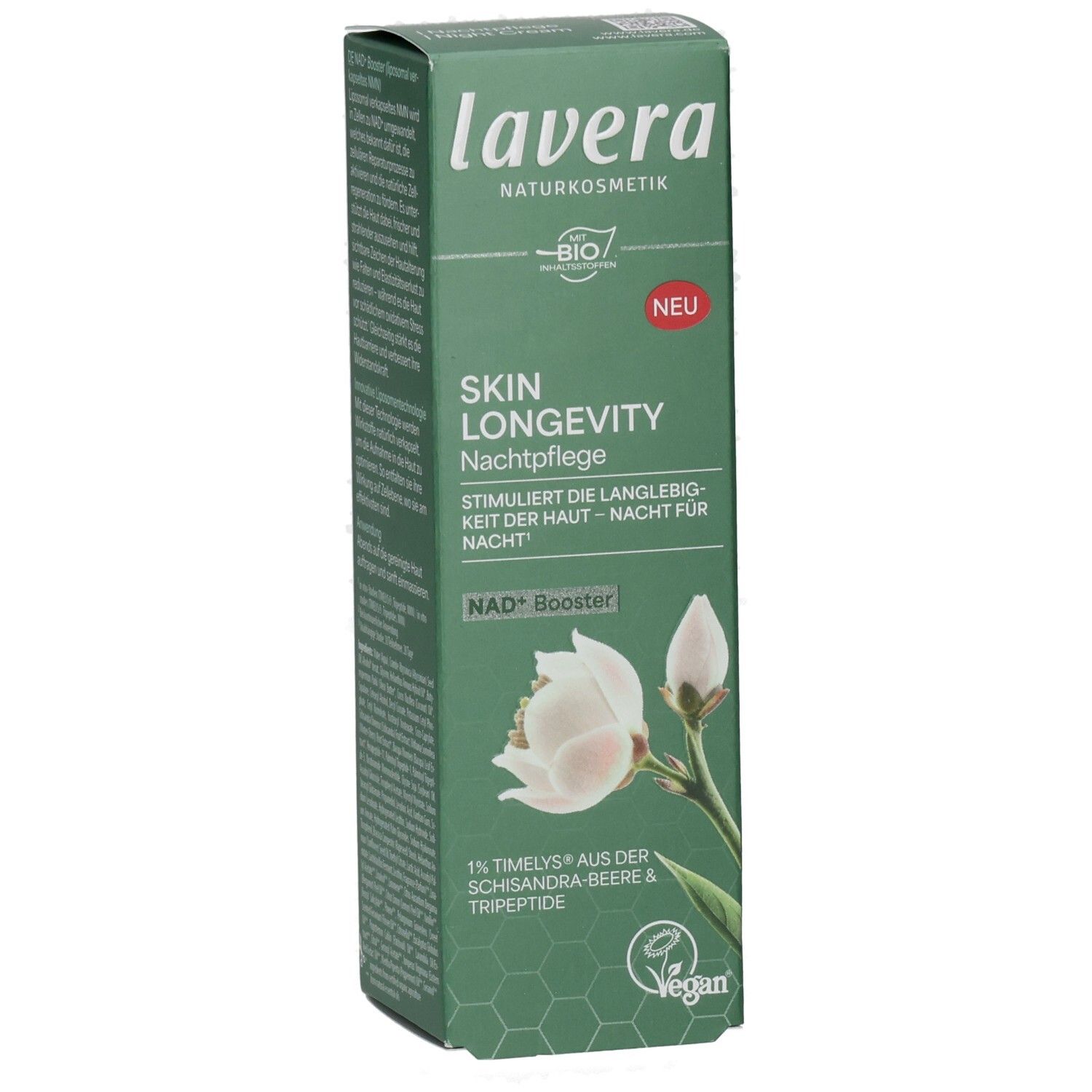 Lavera Skin Longevity Nachtpflege Karton mit Blütenmotiv, Produktbezeichnung und NAD+ Booster.